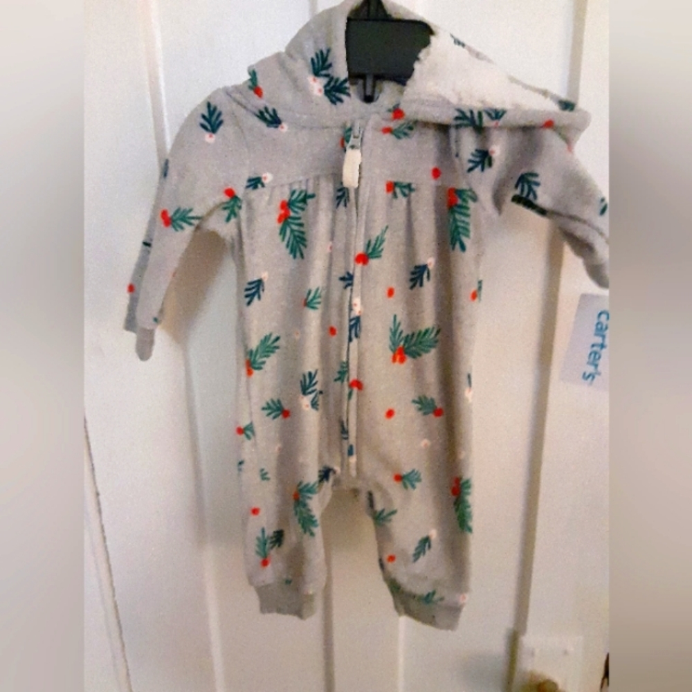 Carter's Baby Girl Holiday Holly Print Fleece Jumpsuit with Hood